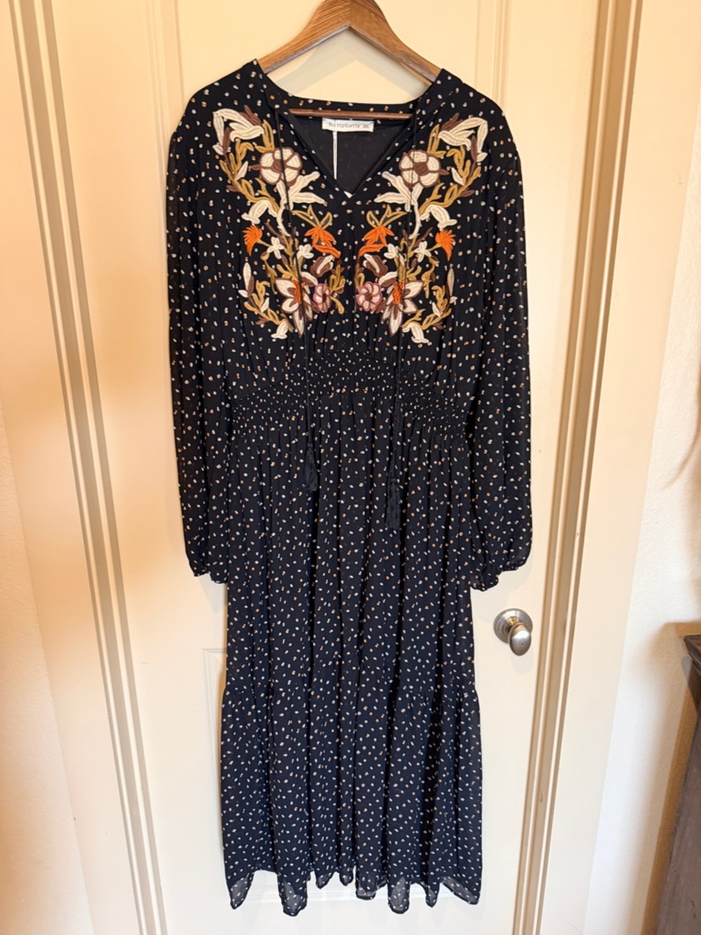 RustyDusty Embroidered Floral Maxi Dress - Black with Multicolor Embroidery